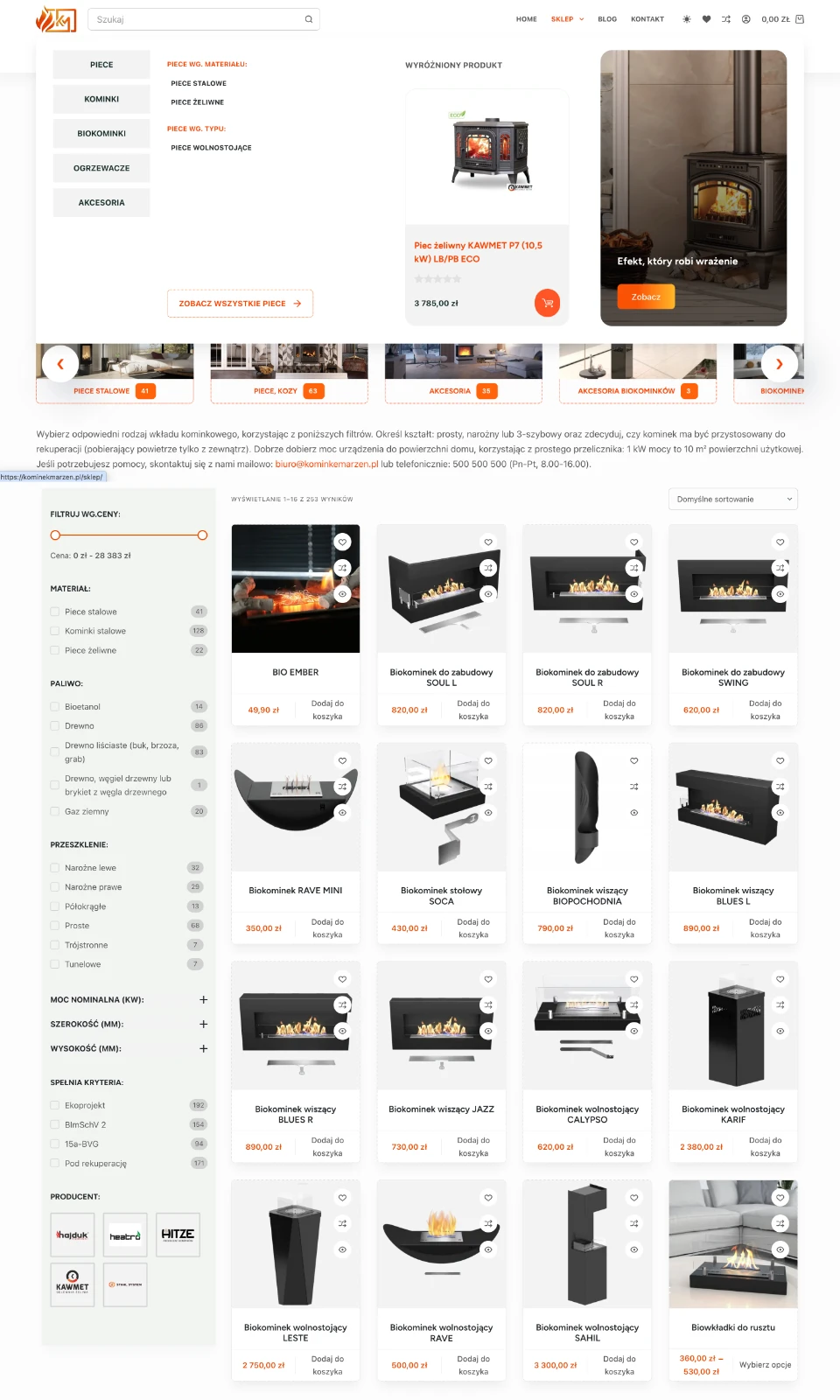 Kominek Marzeń mega menu wiolipcreates projektowanie stron internetowych landing page